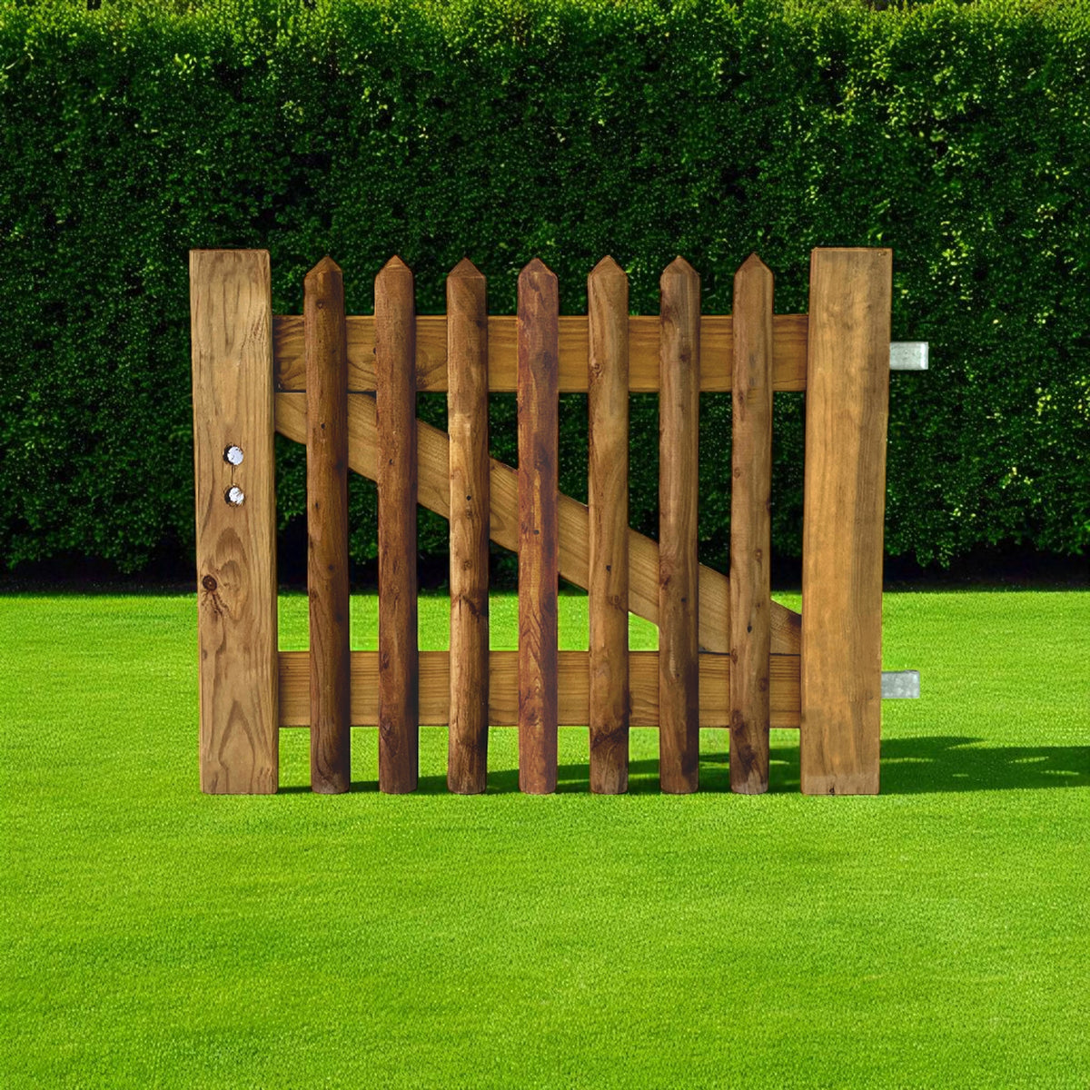 Holz Gartentor im Senkrechtzaun Stil vor einer grünen Hecke auf Rasen