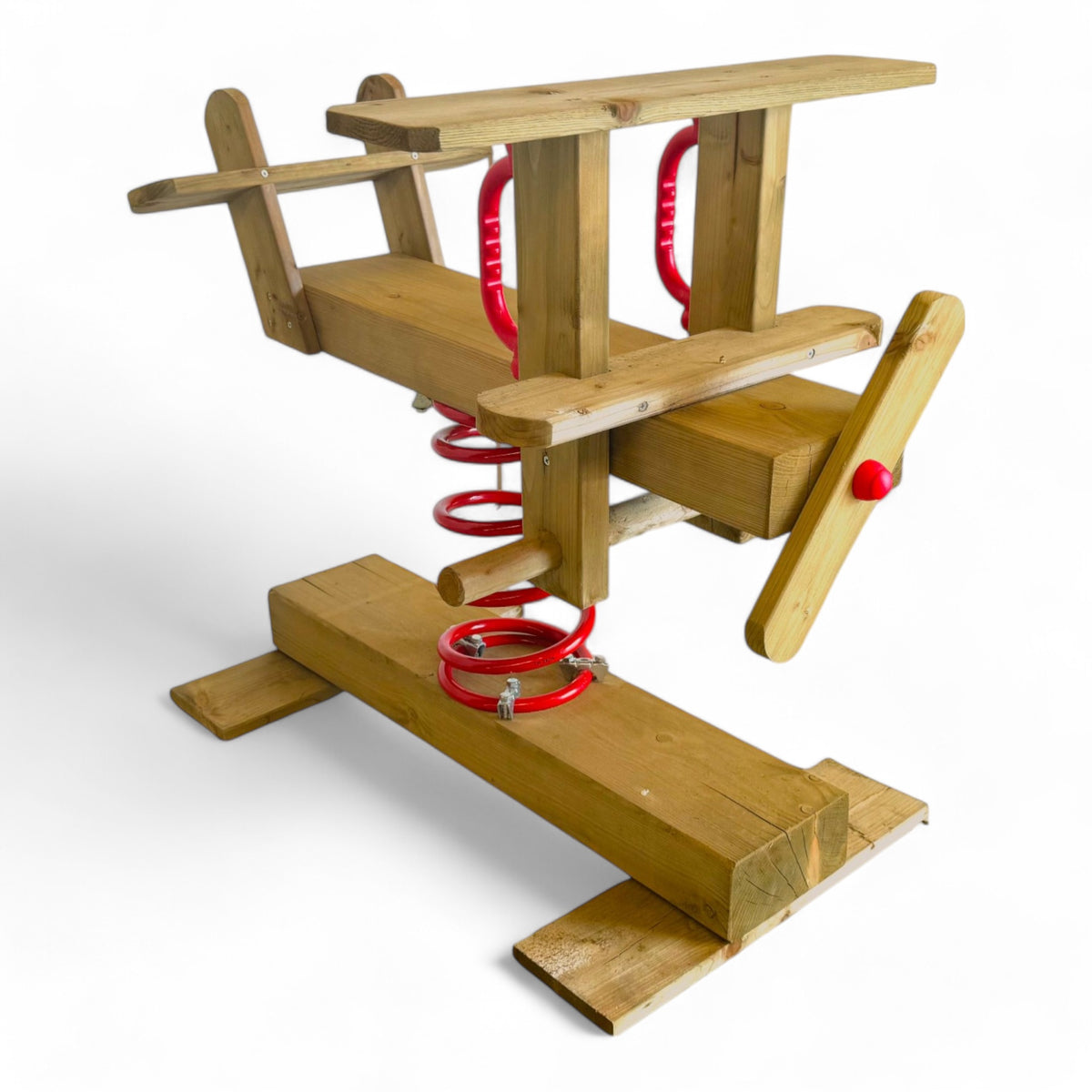 Federwipper Flugzeug aus Holz mit roter Spiralfeder, Haltegriffen und Bodenbalken, Freisteller