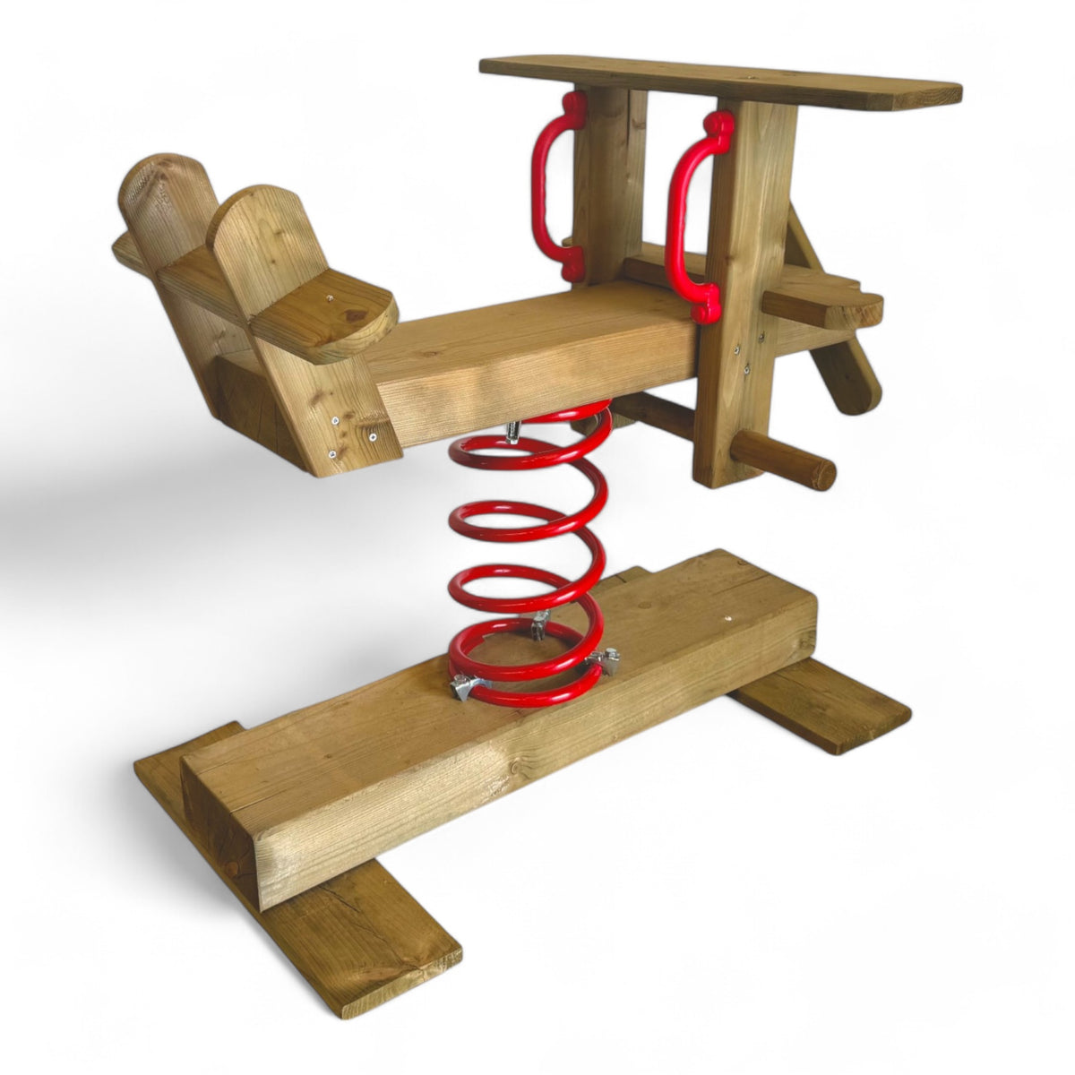 Federwipper aus Holz von schräg hinten mit Sitz, Leitwerk und Bodenbalken