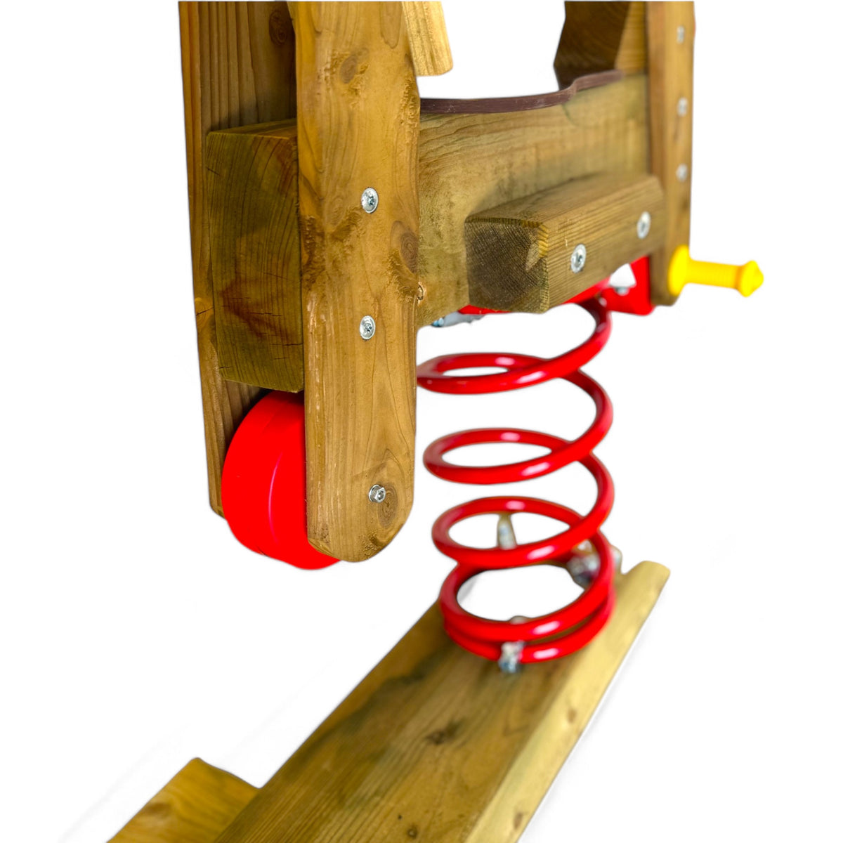 Rote Spiralfeder und Vorderrad am Holz Federwipper im Detail