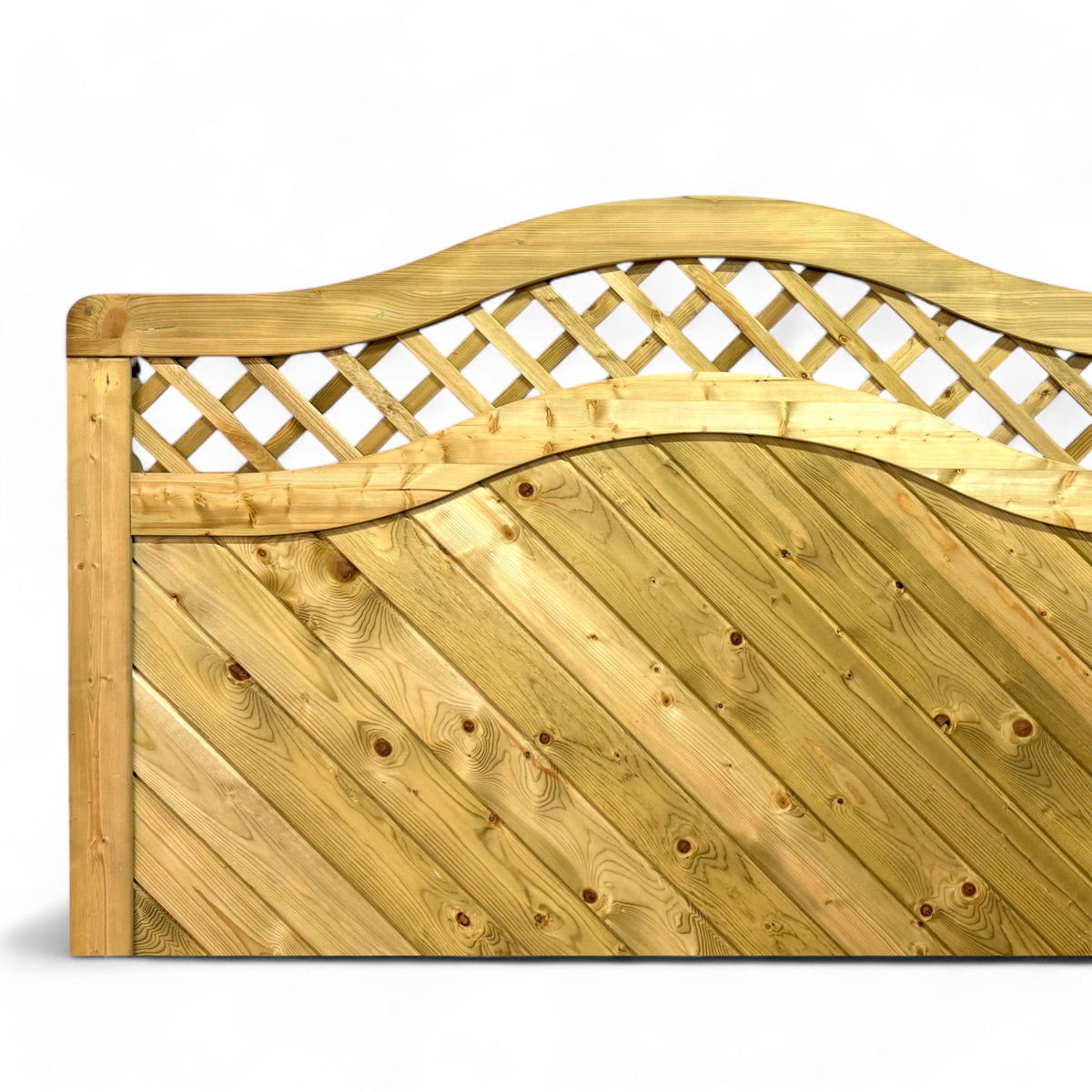Detail vom Homberg Zaunelement mit Rankgitter im Bogen und diagonaler Brettfüllung