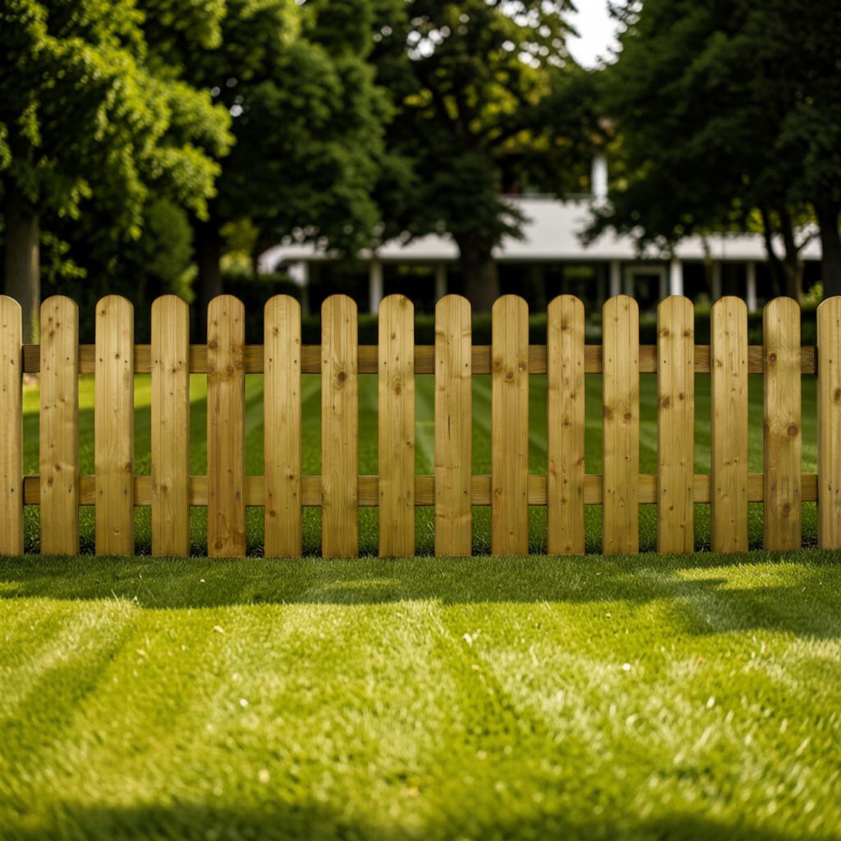 Holz Gartenzaun Aggerzaun als Grundstücksgrenze auf dem Rasen vor Bäumen
