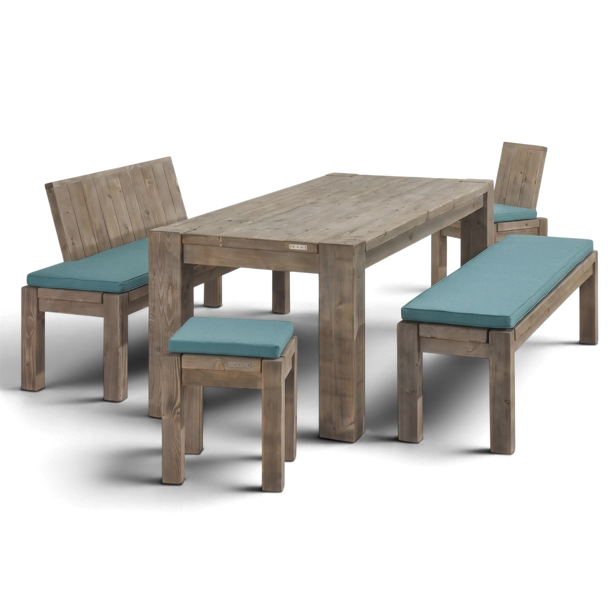 Massivholz Gartenmöbel Set mit Tisch, Bank, Stühlen und Hocker mit blauen Sitzkissen