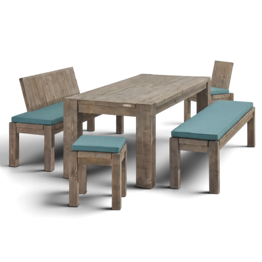 Massivholz Gartenmöbel Set mit Tisch, Bank, Stühlen und Hocker mit blauen Sitzkissen