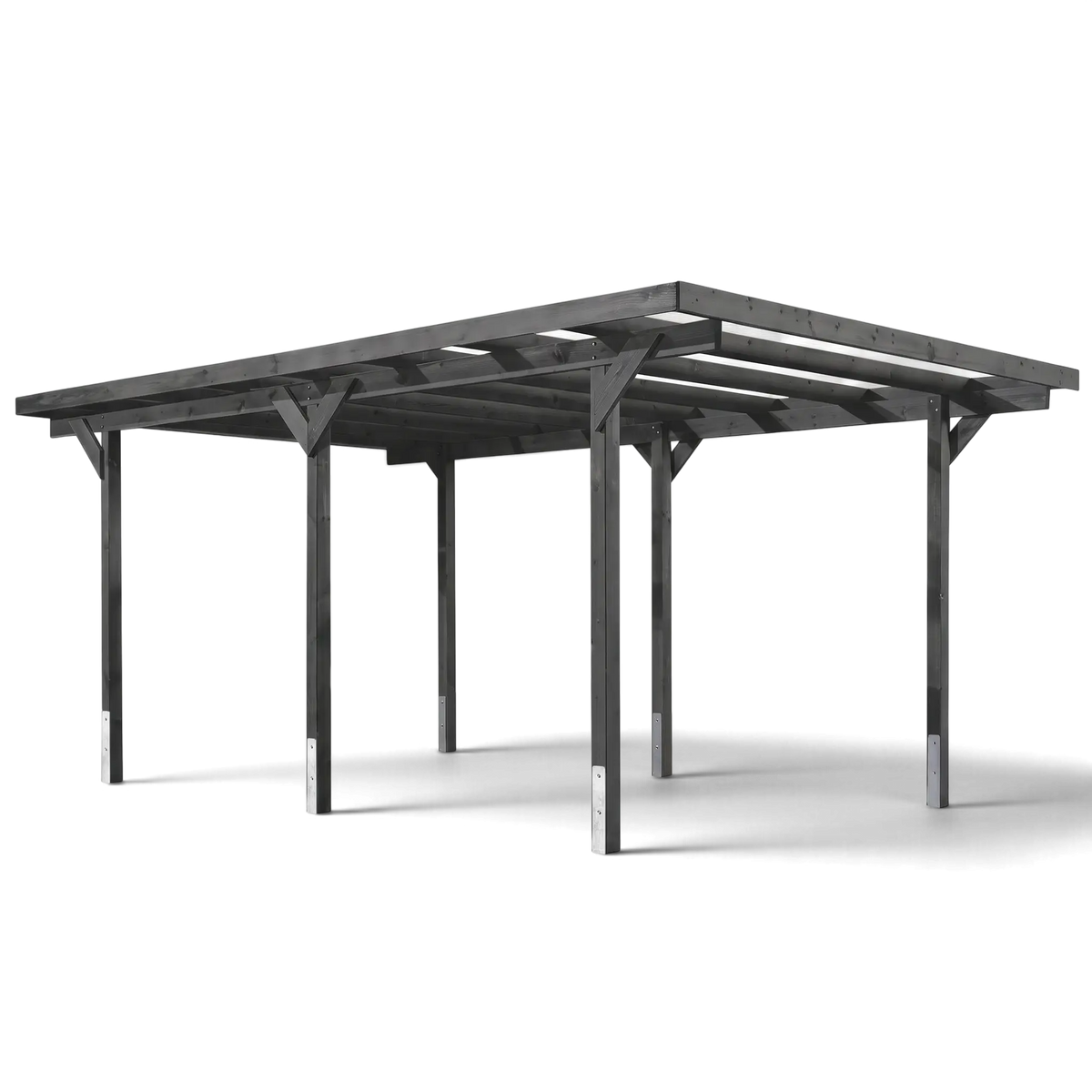 Einzelcarport Willingen, hier grau lasiert, mit Flachdach und Kopfbändern auf sechs Pfosten, Freisteller