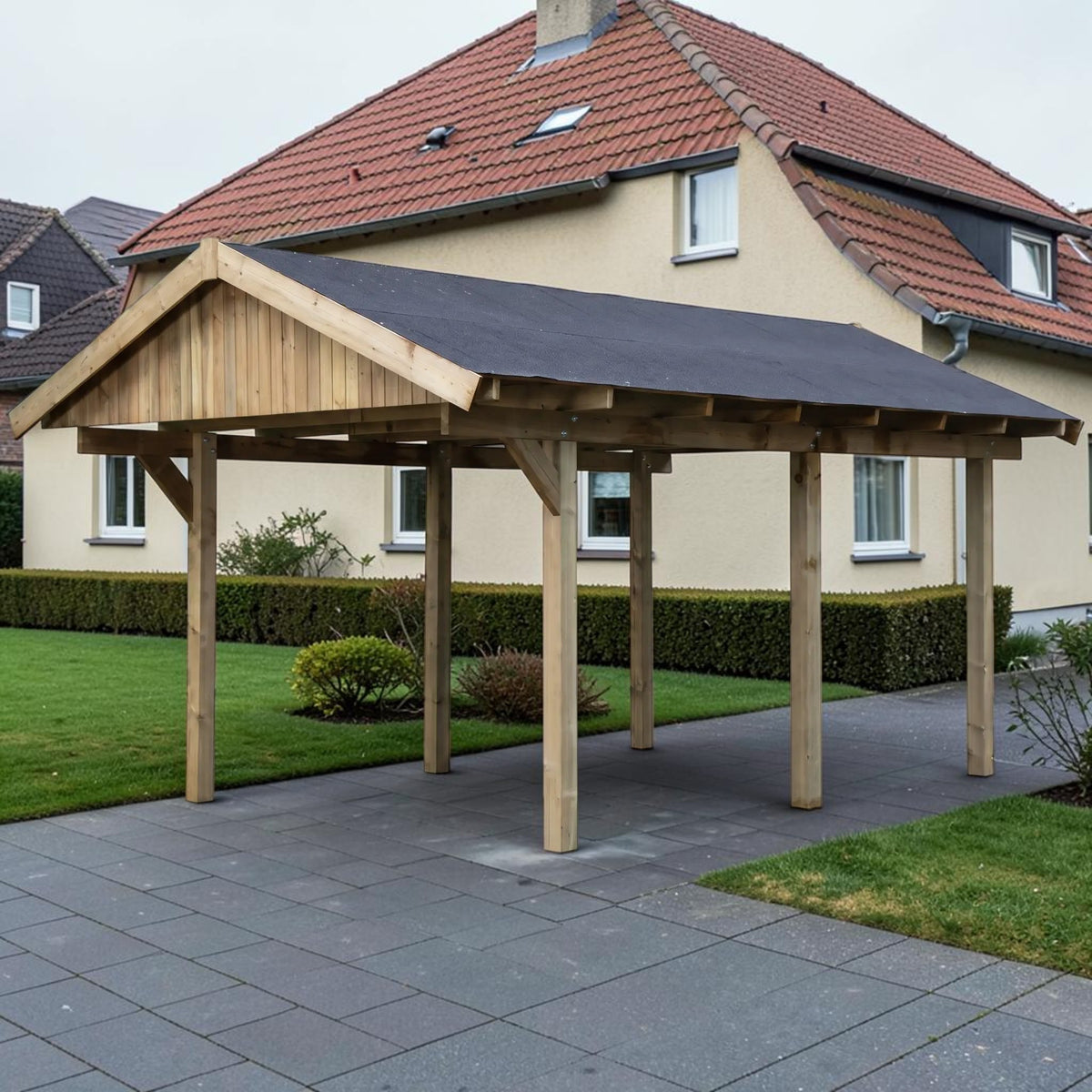Holz Carport Attendorn mit Satteldach vor einem Einfamilienhaus auf gepflasterter Zufahrt