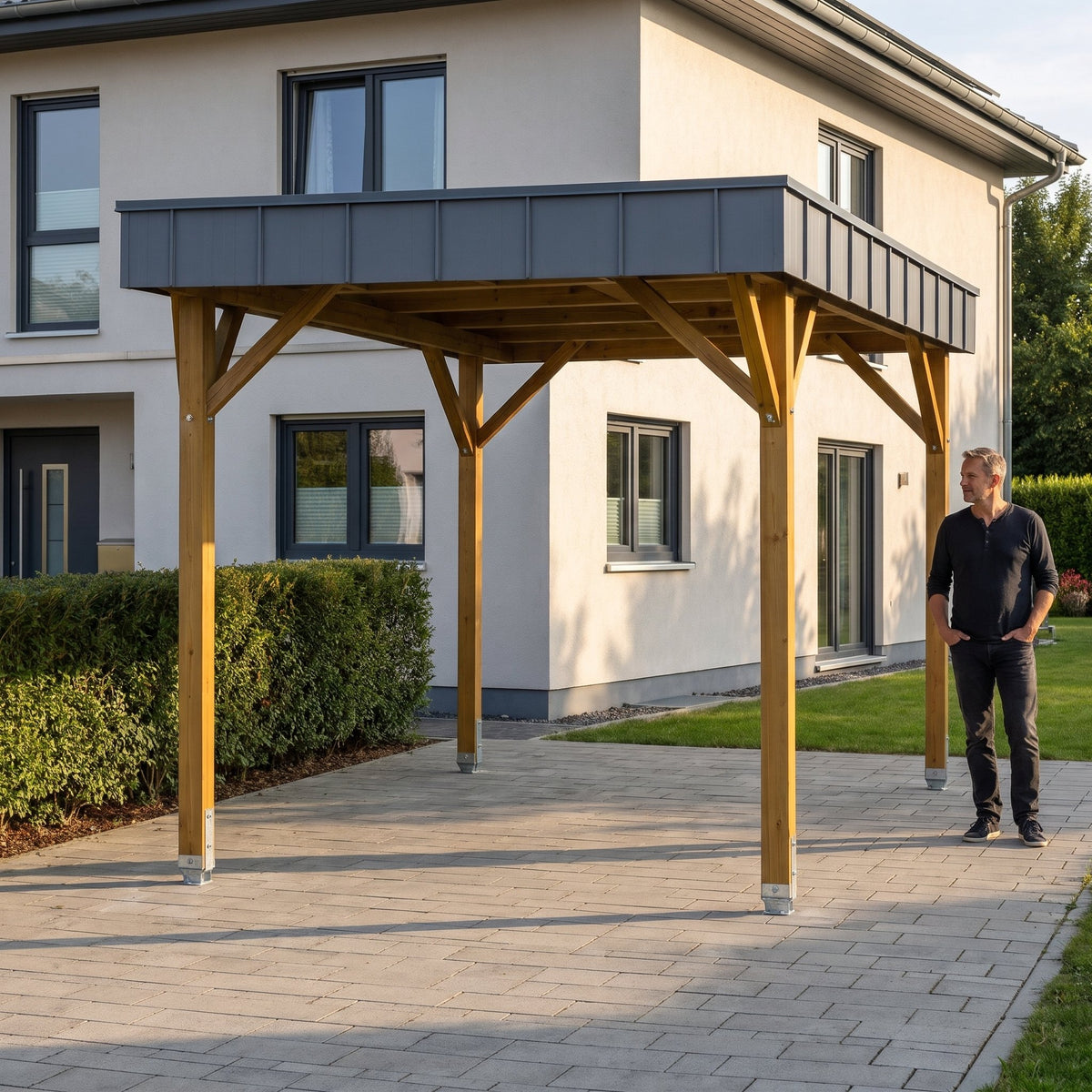 Mann steht neben dem Einzelcarport Arnsberg Premium aus Holz auf der Einfahrt