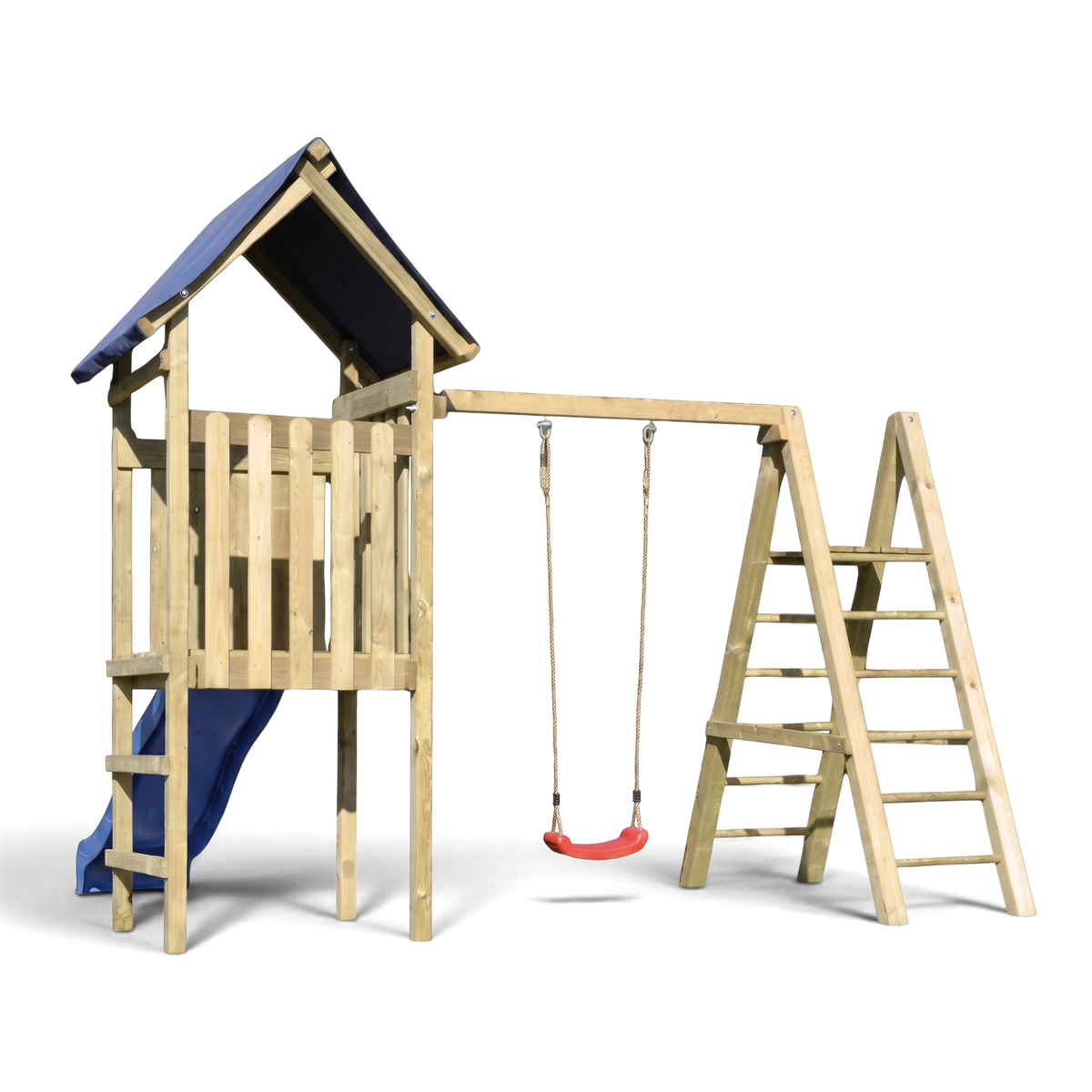 Spielturm Grafschaft aus kesseldruckimprägniertem Holz mit blauem Dach, Rutsche, Schaukel und Kletterleiter, Freisteller
