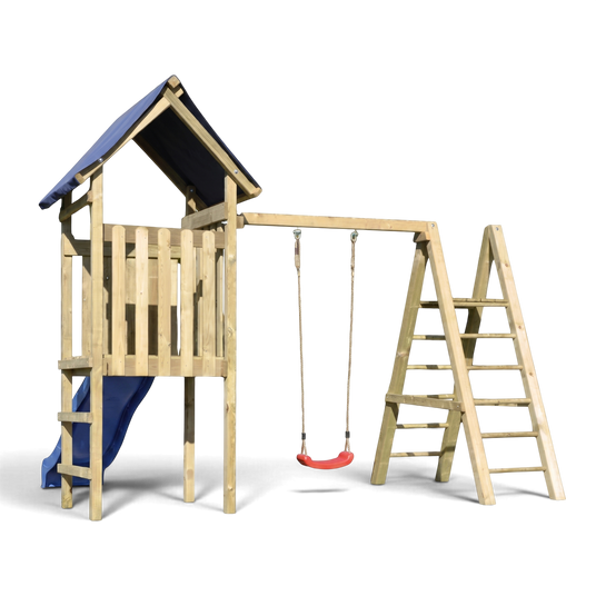 Spielturm Grafschaft aus kesseldruckimprägniertem Holz mit blauem Dach, Rutsche, Schaukel und Kletterleiter, Freisteller