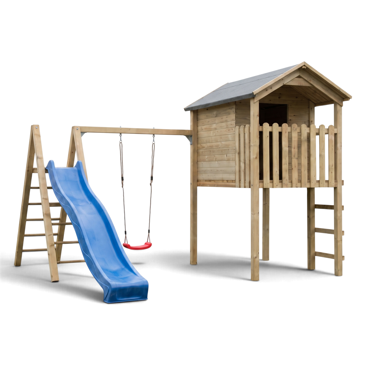 Spielturm Oberkirchen aus kesseldruckimprägniertem Holz mit Stelzenhaus, Schaukel, blauer Rutsche und Leiter, Freisteller