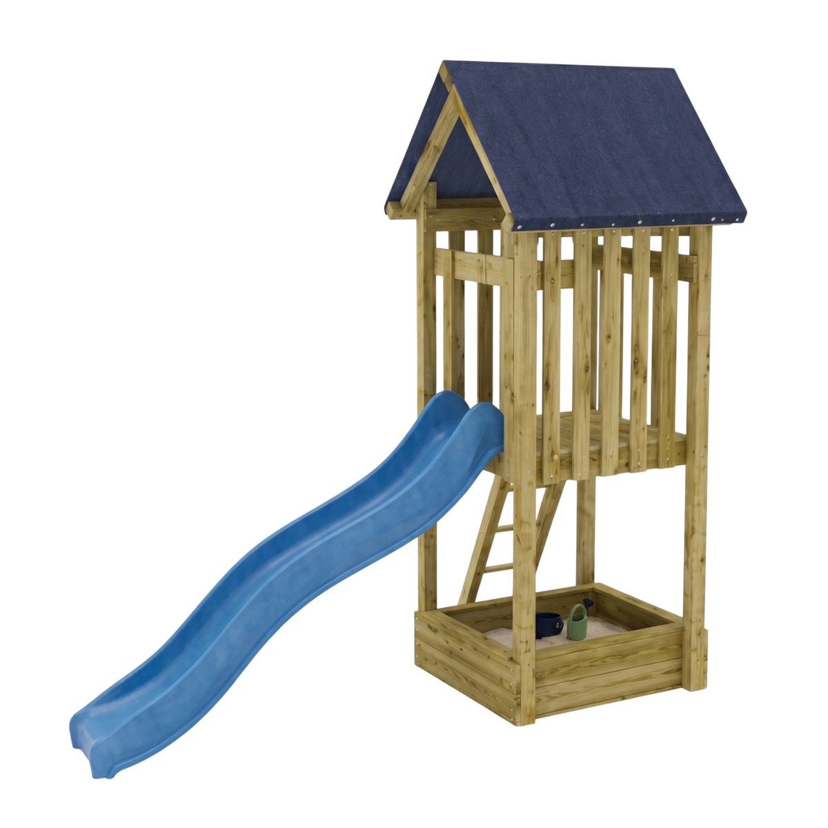 Spielturm Altastenberg aus kesseldruckimprägniertem Holz mit blauem Dach, Rutsche und Sandkasten, Freisteller