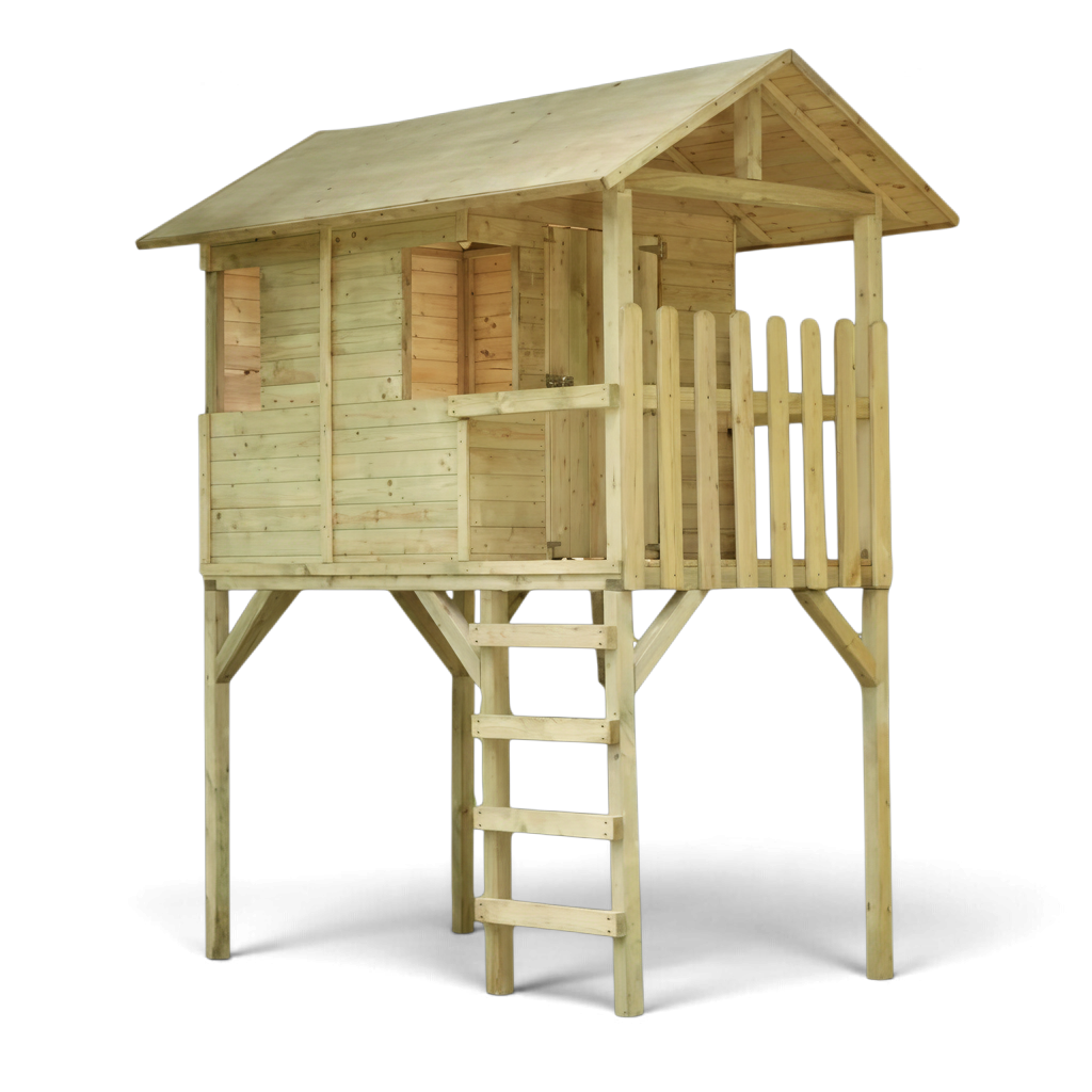 Kinderspielhaus Nordenau kesseldruckimprägniert auf Stelzen mit Leiter, Satteldach und Geländer, Freisteller