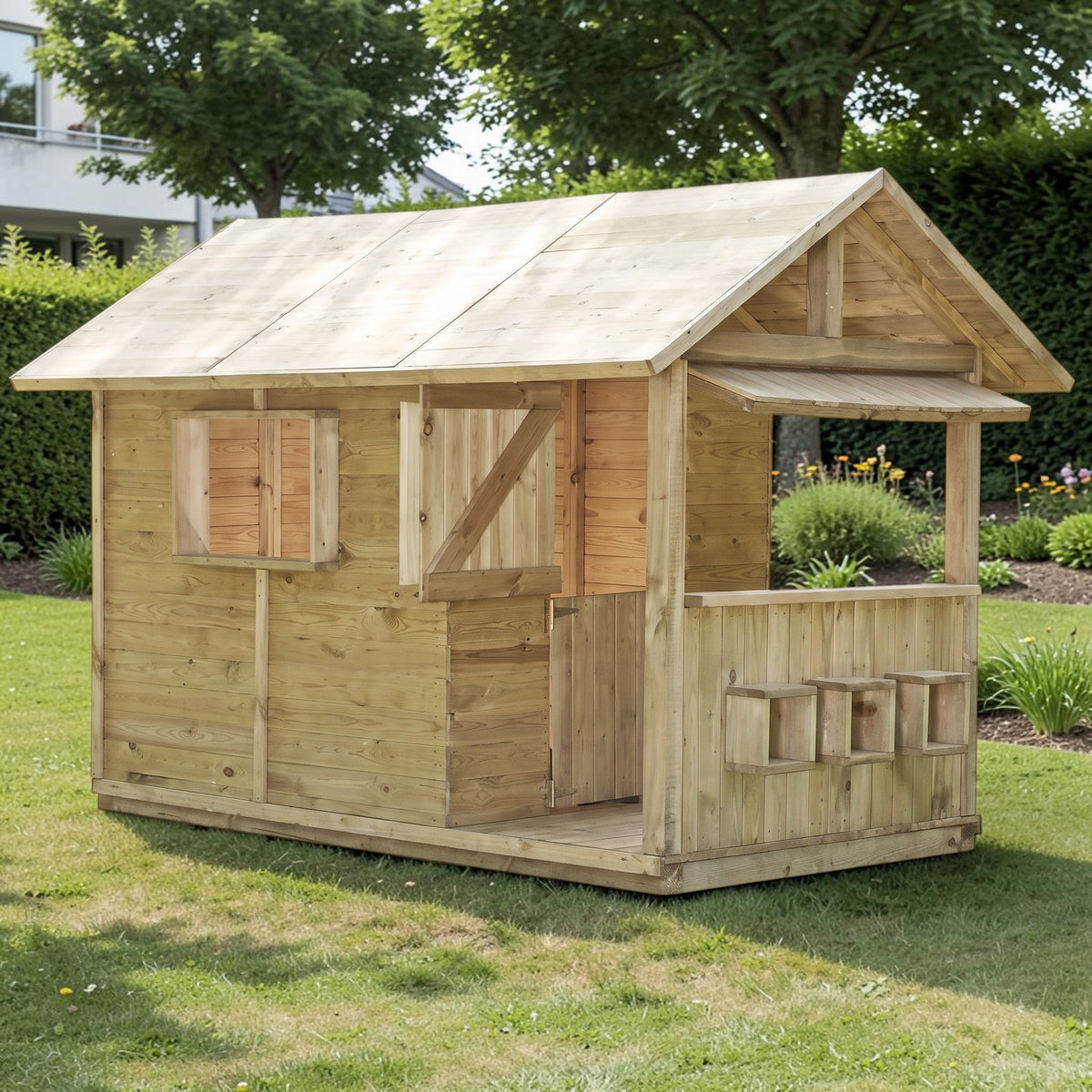 Holz Kinderspielhaus Langenwiese im Garten auf dem Rasen vor Bäumen