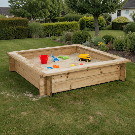 Holz Sandkasten Hachen mit Sandspielzeug auf dem Rasen im Garten vor einer Hecke