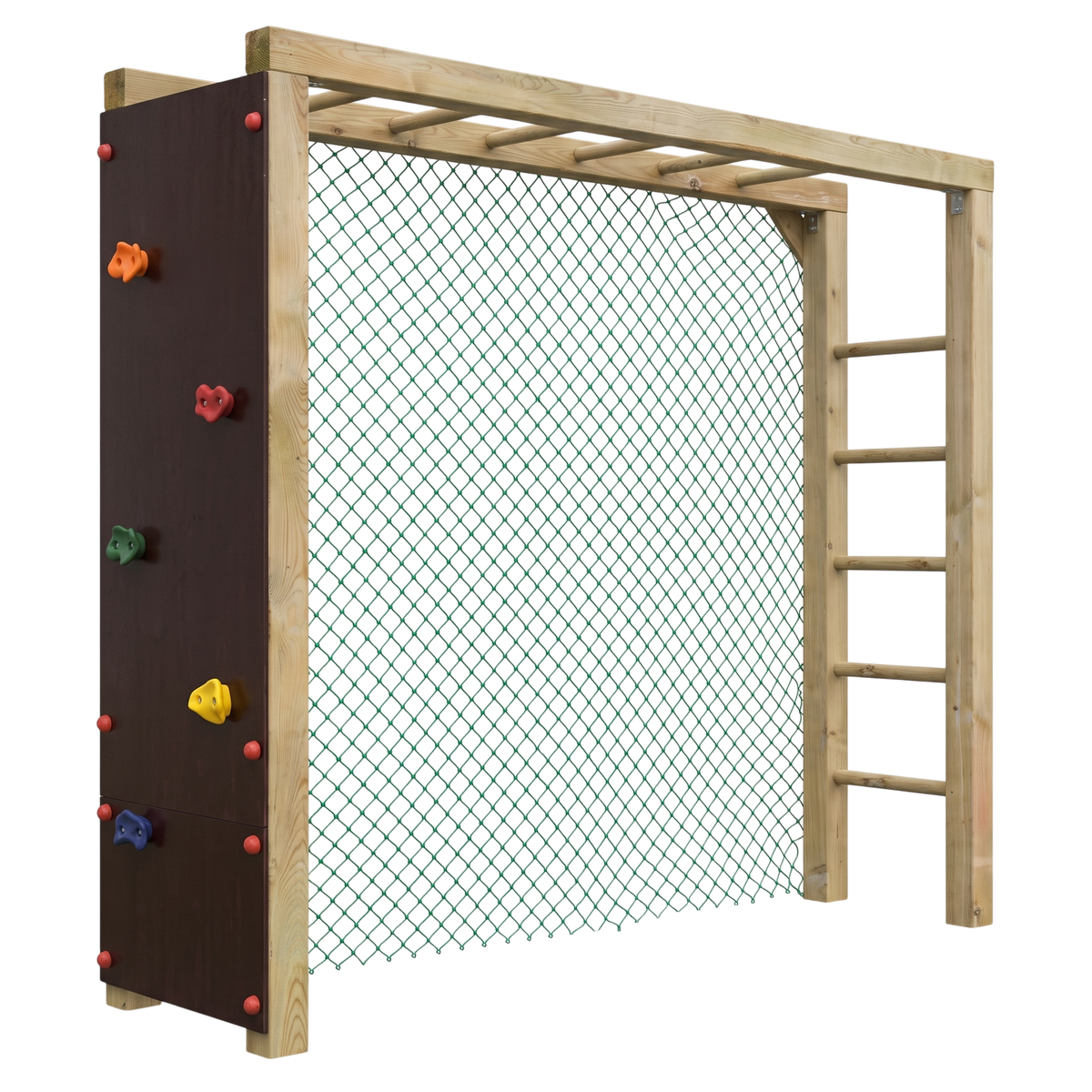 Klettertor Menden kesseldruckimprägniert mit Kletterwand, Netz und Sprossenleiter, Freisteller