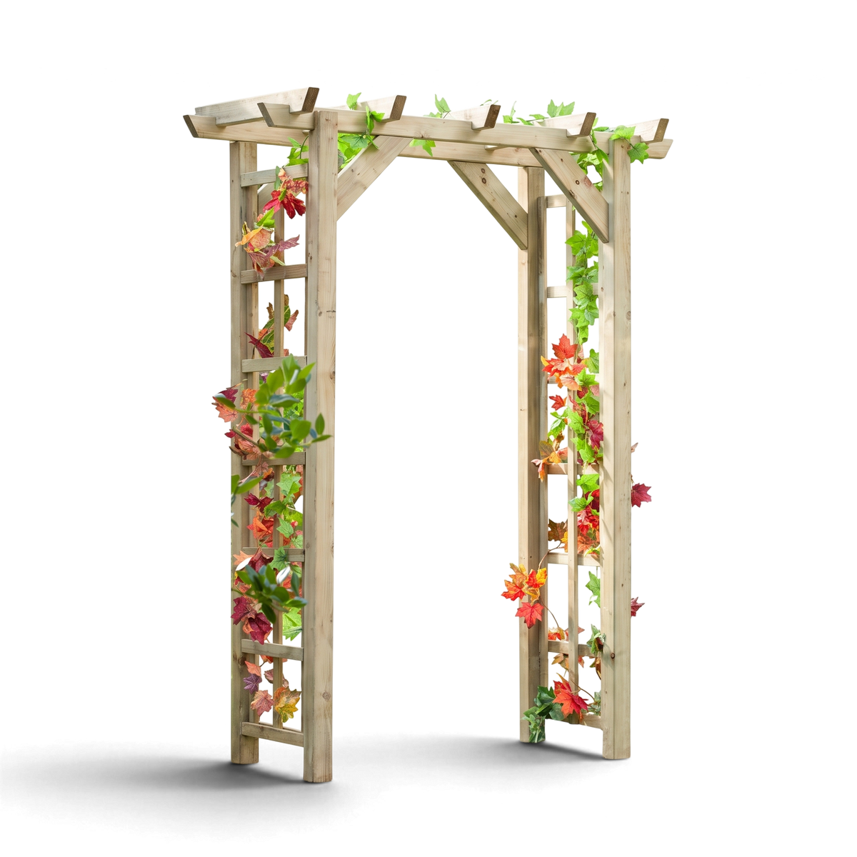 Rosenbogen Marpe aus Holz mit blühenden Kletterrosen an beiden Rankgittern, Freisteller