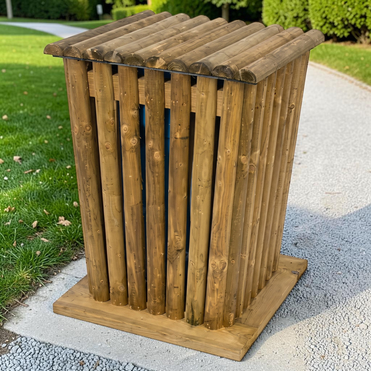 Holz Papierkorb Latferdetal am Rand eines Kieswegs neben Rasen