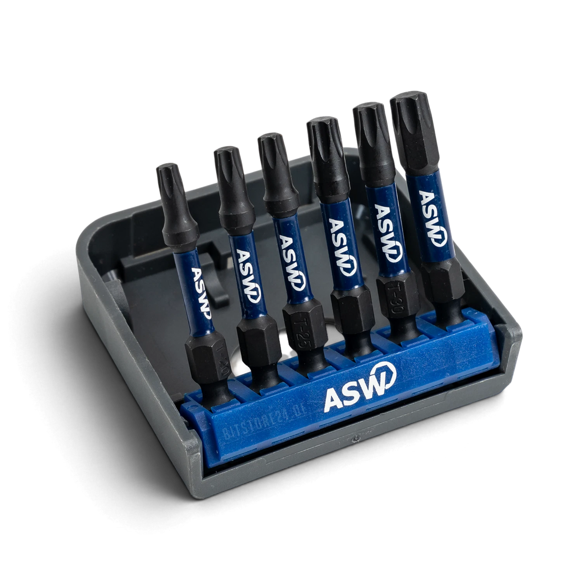 Bitbox mit sechs 50 mm Impact Bits stehend in der Halterung, Freisteller