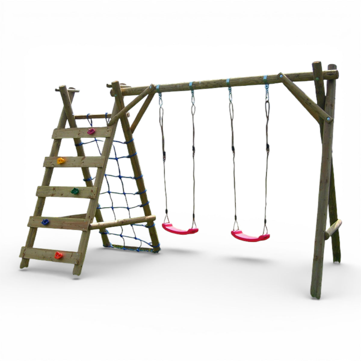 Kletterschaukel Olpe aus Holz mit Kletterwand, Klettersteinen, Netz und zwei Schaukelsitzen, Freisteller