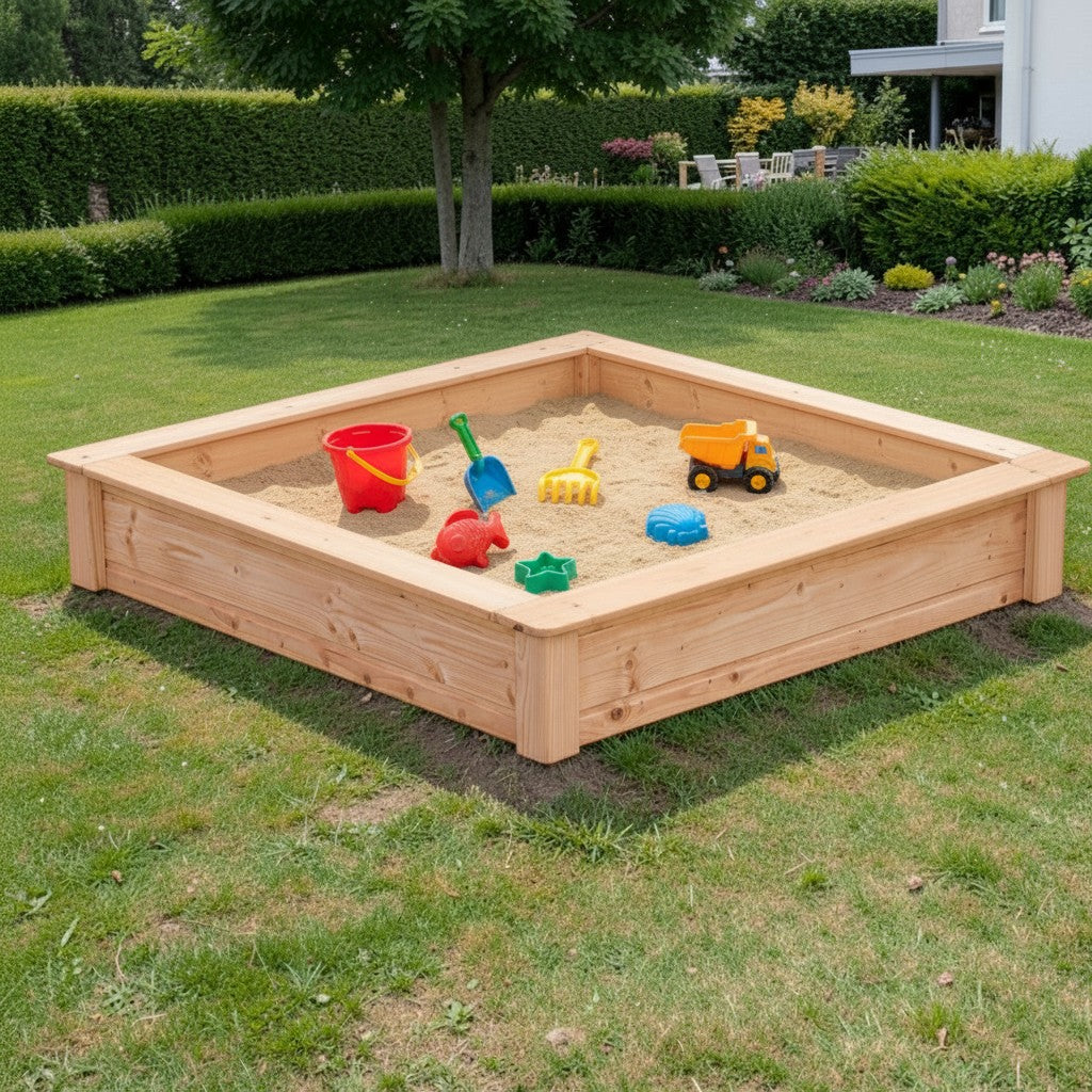 Holz Sandkasten Westfeld mit buntem Sandspielzeug auf dem Rasen im Garten