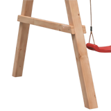 Detail der Querstrebe am Schaukelgestell mit rotem Schaukelsitz