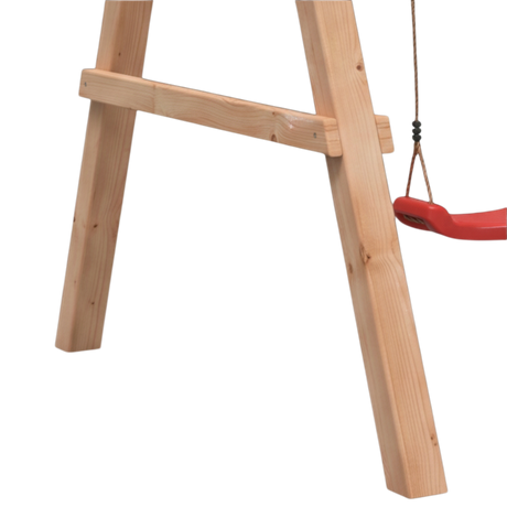 Detail der Querstrebe am Schaukelgestell mit rotem Schaukelsitz