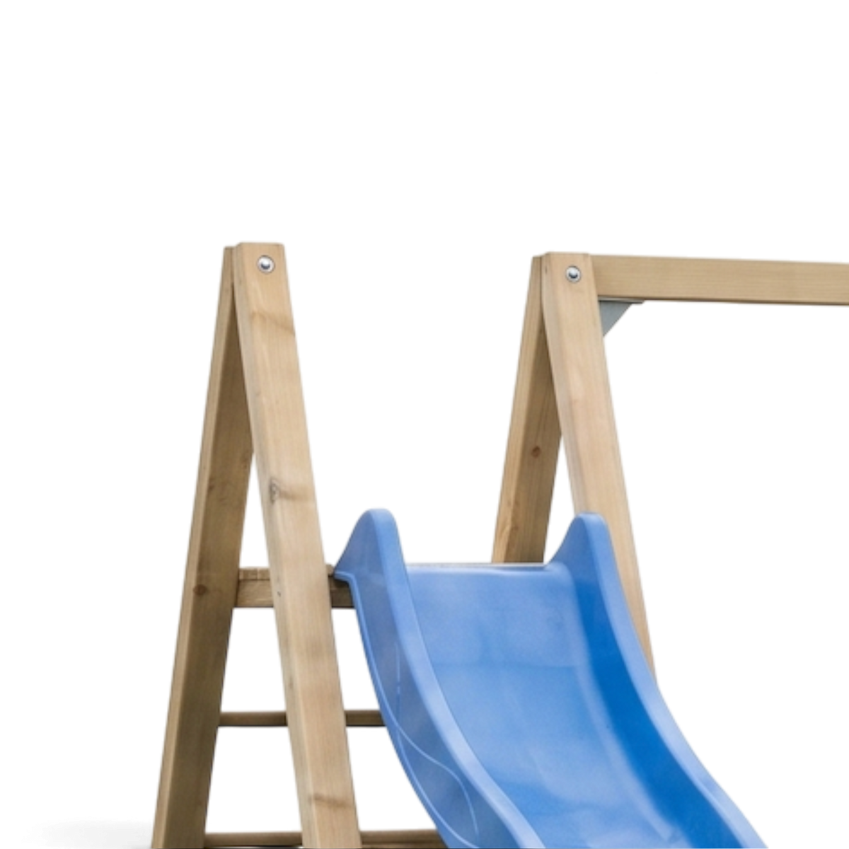 Blaue Rutsche am A Gestell des Schaukelanbaus Oberkirchen, Nahaufnahme
