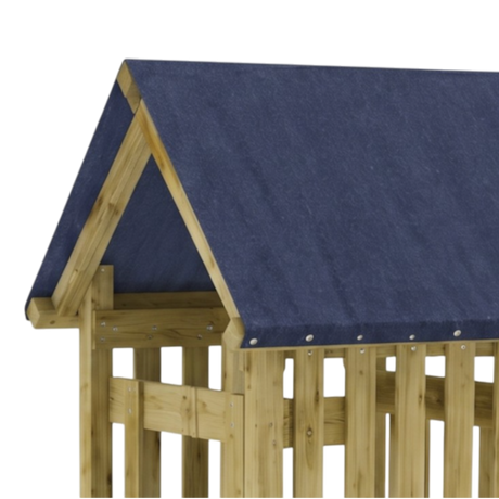 Satteldach mit blauer Dachpappe und Geländer am Spielturm Altastenberg, Detail