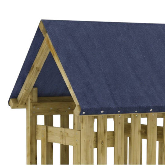 Satteldach mit blauer Dachpappe und Geländer am Spielturm Altastenberg, Detail