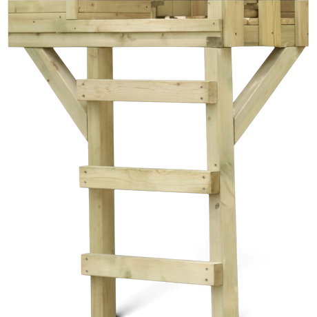 Holzleiter mit Sprossen unter dem Podest des Stelzenhauses im Detail