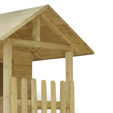 Satteldach und Lattengeländer der Veranda des Spielhauses in Nahaufnahme