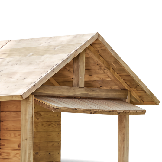 Giebel mit Dachüberstand und Theke am Holz Spielhaus in Nahaufnahme