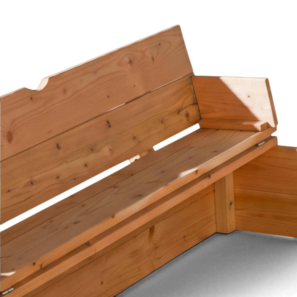 Aufgeklappte Rückenlehne der Sitzbank am Holz Sandkasten Züschen im Detail