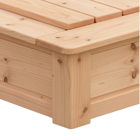 Eckpfosten mit Sitzrand und aufgelegtem Deckel am Holz Sandkasten Westfeld