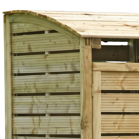 Detail des gewölbten Deckels an der Holz Mülltonnenbox Volme