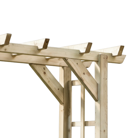 Dachkonstruktion der Holz Pergola Marpe mit Querbalken und Kopfbändern schräg von unten