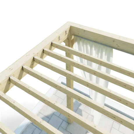 Holzkonstruktion mit Balkenlage, verbunden mit verdeckten Holzverbindern, 3D Darstellung