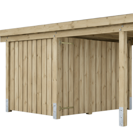 Holz Carport mit Seitenwand aus senkrechten Brettern und Pfostenankern, Freisteller