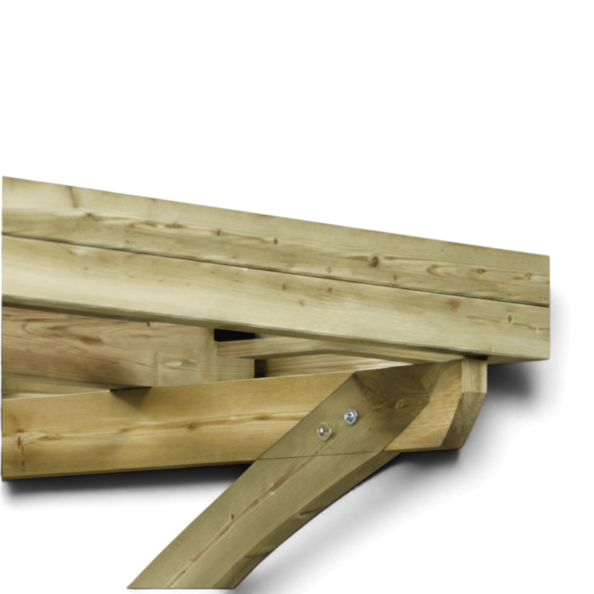 Detail der geschwungenen Kopfstrebe unter der Pfette des Carports