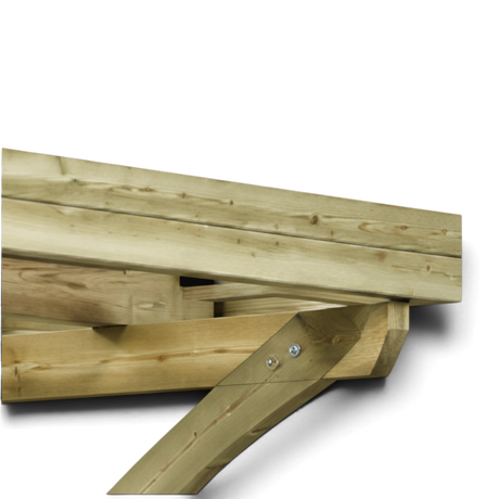 Detail der geschwungenen Kopfstrebe unter der Pfette des Carports