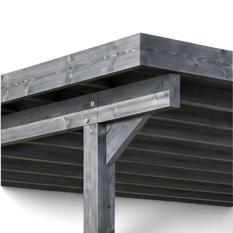 Detail der Pfette mit Kopfband und Dachkante am lasierten Doppelcarport