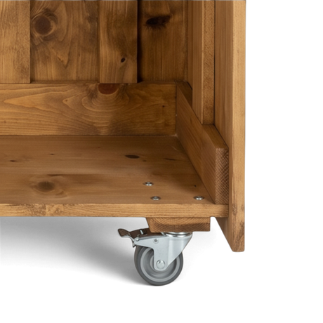Rückseite der Holz Theke mit Innenfach und Lenkrolle im Detail