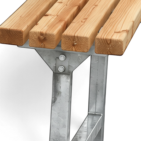 Verschraubter Stahlträger unter den Douglasie Bohlen der Tischplatte, Detail