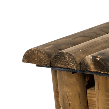 Abgerundete Deckelhölzer des Papierkorbs von der Seite in Nahaufnahme