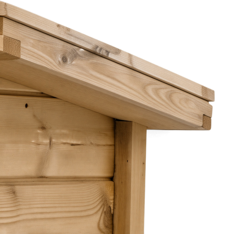 Dachüberstand und Seitenwand der Mülltonnengarage aus Holz im Detail