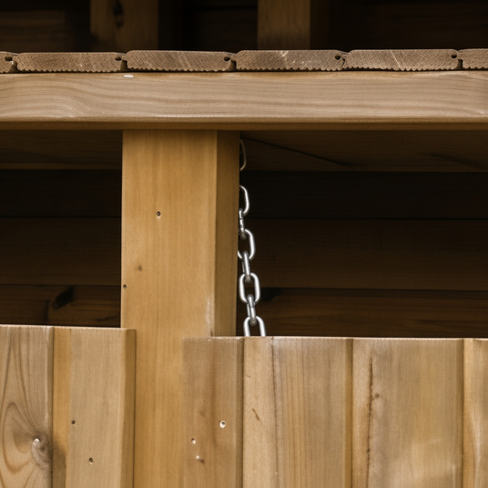 Deckelkette und Mittelpfosten der Mülltonnenbox Gleierbachtal in Nahaufnahme