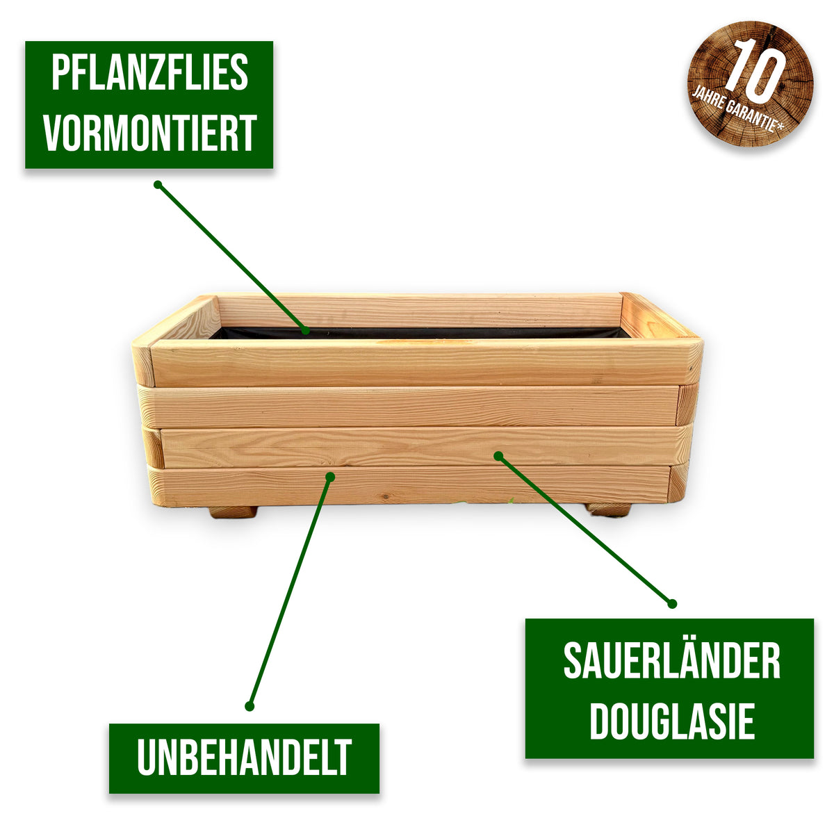 Infografik Pflanzkübel Lenne mit Hinweisen Pflanzvlies vormontiert, unbehandelt und Sauerländer Douglasie