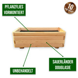 Infografik Pflanzkübel Lenne mit Hinweisen Pflanzvlies vormontiert, unbehandelt und Sauerländer Douglasie