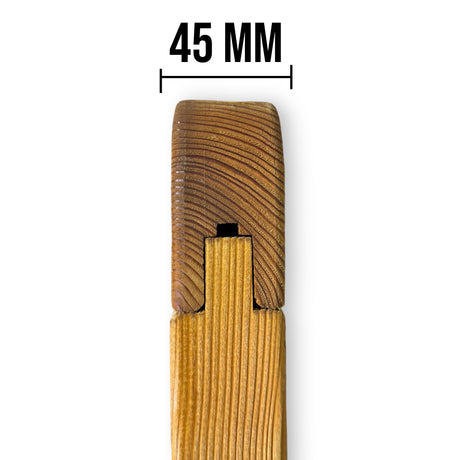 Querschnitt eines Rahmenprofils mit 45 mm Breite und Nut, in der das Füllungsbrett steckt, Detail mit Maßangabe