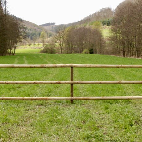 Pferdezaun mit zwei Rundholzriegeln entlang einer Pferdekoppel vor Wald und Hügeln